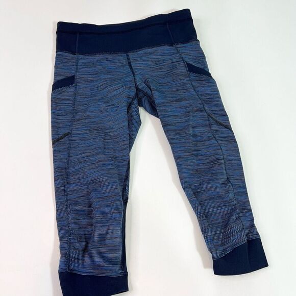 Lululemon Leggings Run For Fun Cropped Women 6 Wee Space Stripe Inkwell Blue - Picture 1 of 9
